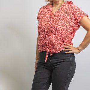 Red and White Flower Print top with front tie and buttons